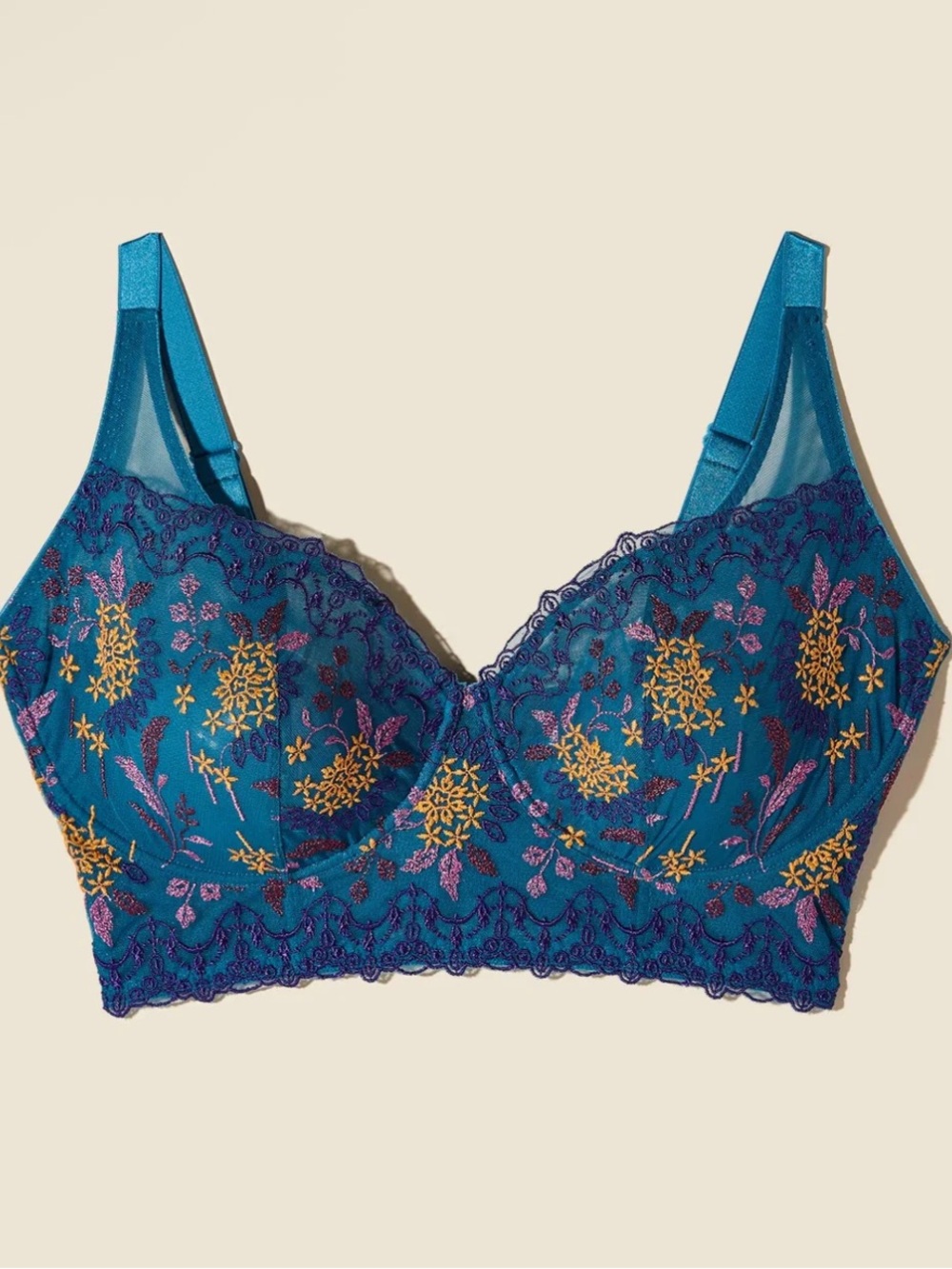 Cosabella Usha Royal Blue Curvy XS Longline Bra with Floral Embroidery RARE
